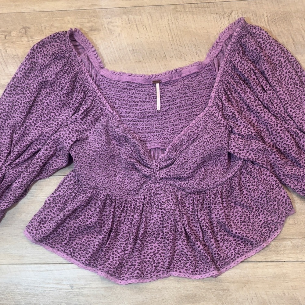 Free People Brittnee Print Smocked Babydoll Silhouette Peplum Top Size Large - Picture 5 of 9